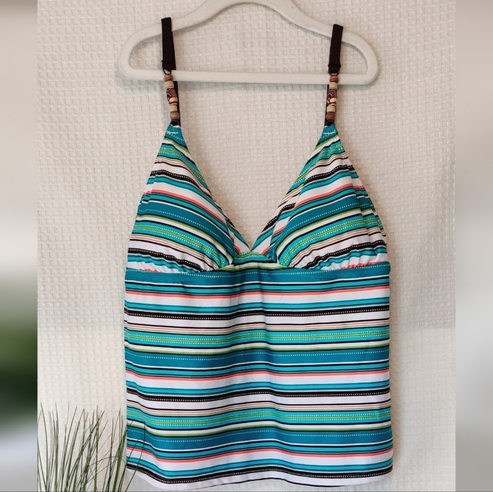 Tropical Escape Women's Tankini Striped Teal Swim Suit Top Size Large